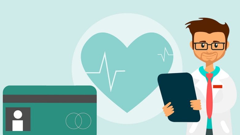 Illustration of a doctor holding a clipboard next to a health card, with a heart and EKG line in the background.