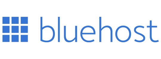 Bluehost logo featuring a blue grid icon to the left of the word bluehost in lowercase blue letters.
