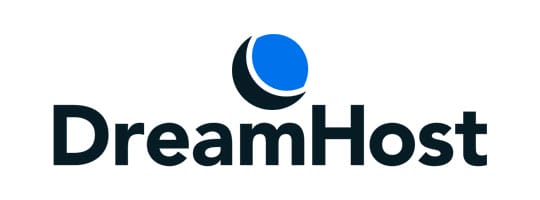 DreamHost logo with a blue and black circular design above the word DreamHost in bold, black letters.