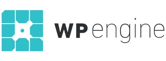 WP Engine logo with teal geometric icon on the left and WP engine text in black and gray on the right.