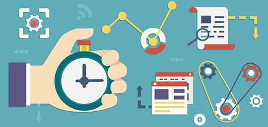 Illustration of a hand holding a stopwatch among graphs, charts, gears, and documents, symbolizing time management and data analysis.