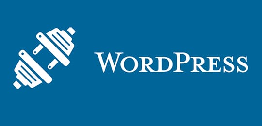 WordPress logo on a blue background, featuring stylized white barbell icons on the left side.