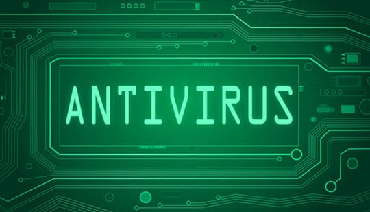 Green circuit board background with the word "ANTIVIRUS" displayed prominently in white text.