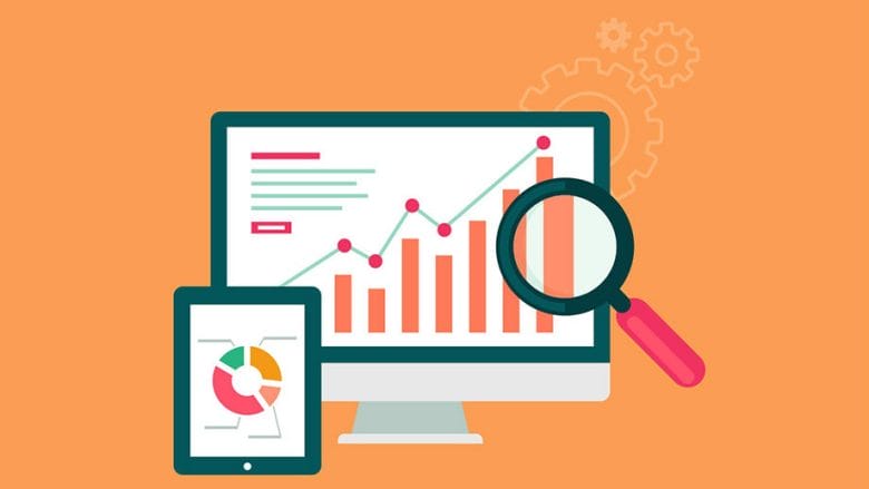 Computer and tablet showing graphs and charts on an orange background with a magnifying glass symbol.