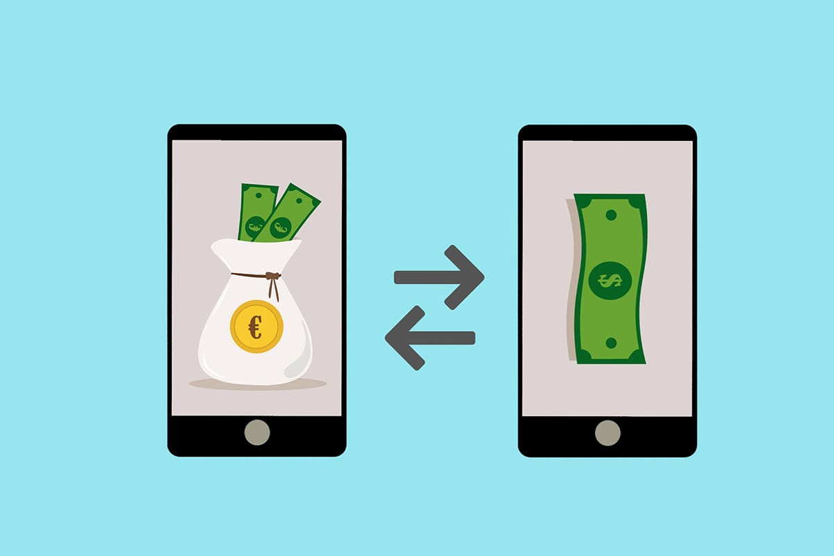 Illustration of two smartphones showing money exchange, with arrows indicating currency conversion between euros and dollars.