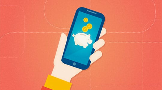 Illustration of a hand holding a smartphone displaying a piggy bank and coins on the screen against an orange background.