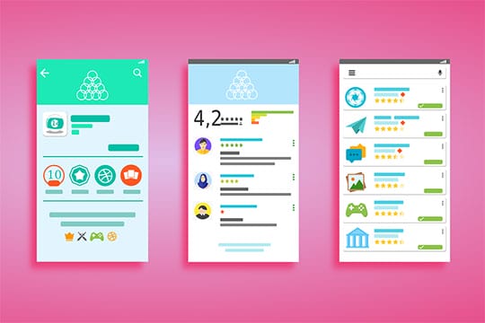 Three mobile app interface mockups displayed side by side on a pink background, showing various icons, text, and rating elements.