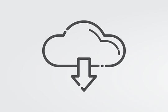 Simple line drawing of a cloud with a downward arrow inside, symbolizing cloud download. The background is light gray.