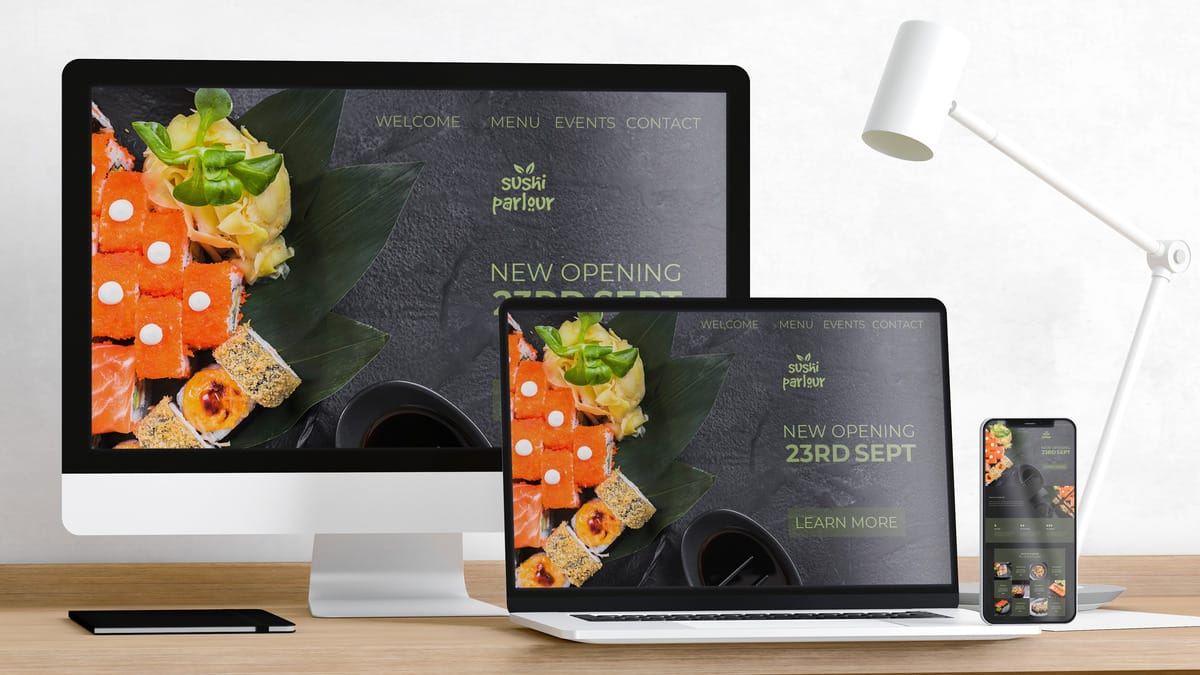 Desktop, laptop, and smartphone on a desk display a sushi restaurant website with a new opening announcement.