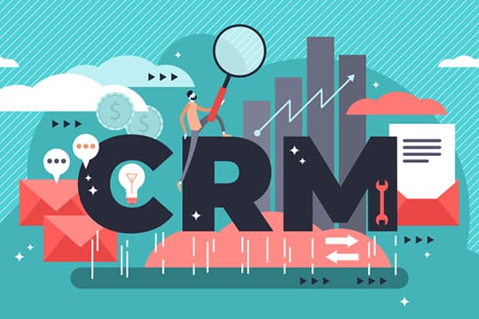 Illustration of CRM letters with business icons, graphs, and a person analyzing data, representing customer relationship management.