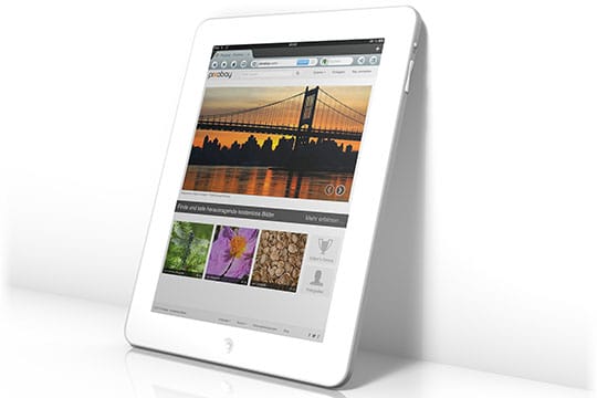 A white tablet with a website open, displaying a photo of a sunset behind a bridge, and thumbnails of flowers, tree bark, and a heart symbol below.