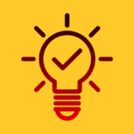 Outline of a light bulb with a check mark inside, surrounded by rays, on a yellow background.