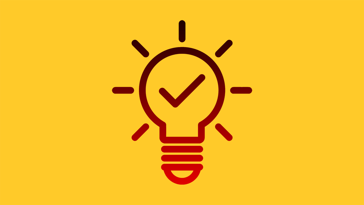 Outline of a light bulb with a check mark inside, surrounded by rays, on a yellow background.