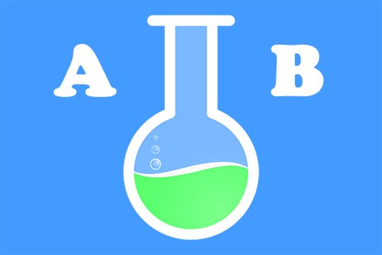 An illustrated flask with green liquid and bubbles, flanked by the letters A and B on a blue background.