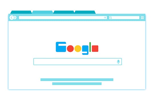 A graphic of a web browser window displaying the Google homepage with a search bar and logo.