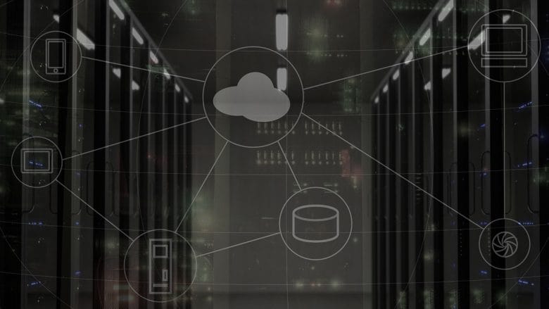 An image of a server room with a cloud connected to it.