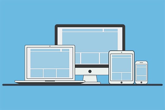 Illustration of a desktop computer, laptop, tablet, and smartphone displaying similar webpage layouts on a blue background.