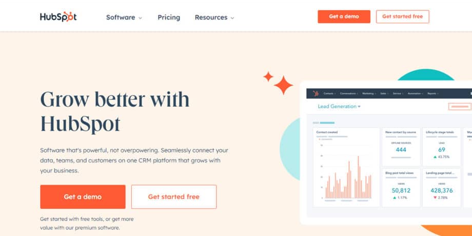 HubSpot website homepage showing CRM software features, a Get a demo button, and options for starting free or premium service.