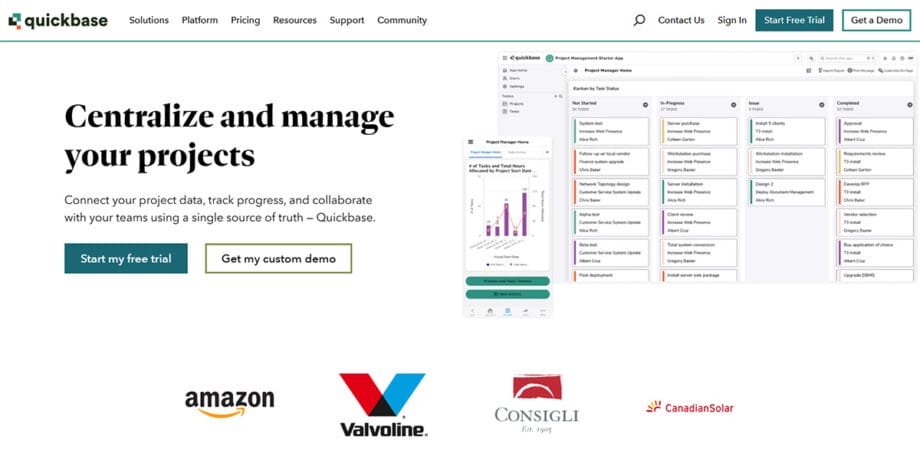 Quickbase webpage showcasing project management software, featuring a demo screen and logos of Amazon, Valvoline, Consigli, and Canadian Solar.