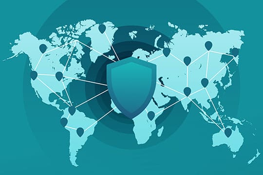 Illustration of a world map with interconnected points and a shield icon at the center, representing global network security or protection.