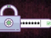 Illustration of a padlock next to a password field filled with asterisks and a green check mark, set against a binary code background.