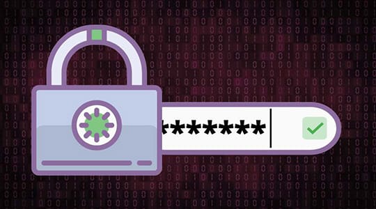 Illustration of a padlock next to a password field filled with asterisks and a green check mark, set against a binary code background.