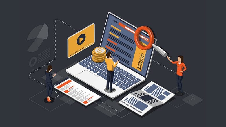 Isometric illustration of people working on a laptop with a magnifying glass.