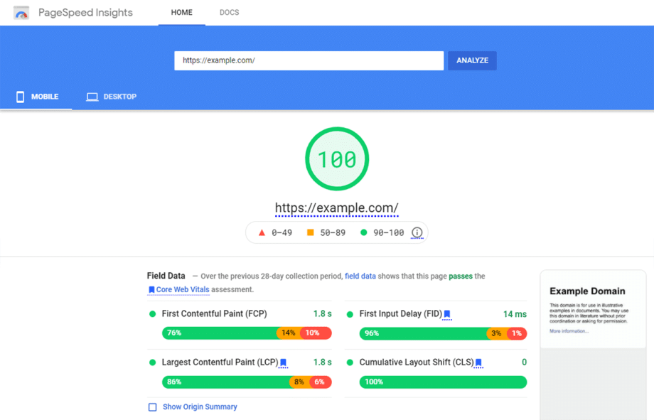 A screenshot of google pagespeed insights.