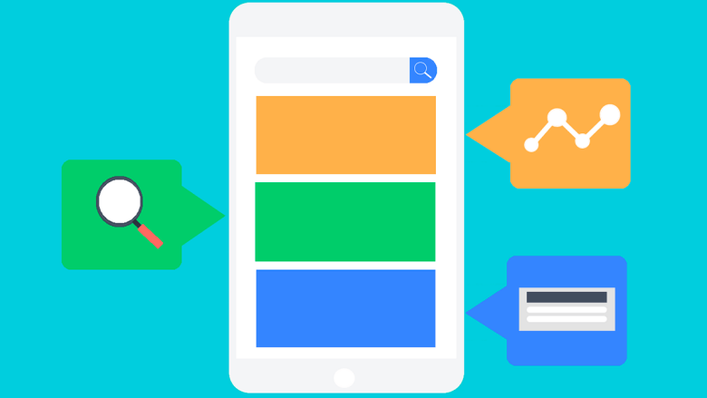 Illustration of a tablet with a search bar at the top and three colored sections. Three icons surround the tablet: a magnifying glass, a bar chart, and a form field.