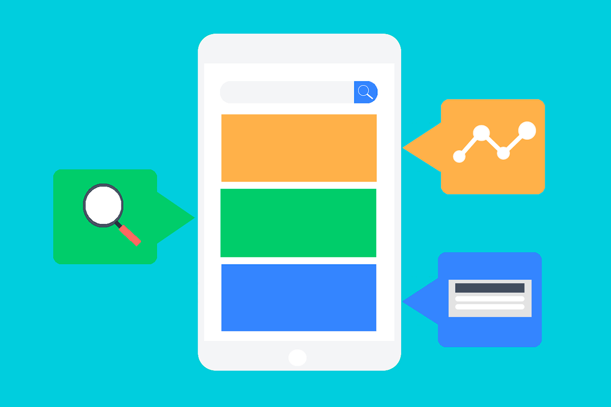 Illustration of a tablet with a search bar at the top and three colored sections. Three icons surround the tablet: a magnifying glass, a bar chart, and a form field.