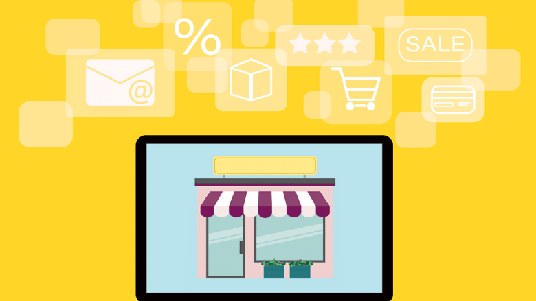 Illustration of a laptop displaying a storefront, surrounded by icons for email, sale, shopping cart, and credit card on a yellow background.