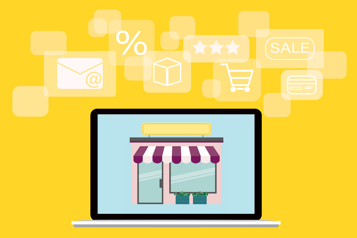 Illustration of a laptop displaying a storefront, surrounded by icons for email, sale, shopping cart, and credit card on a yellow background.