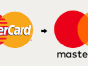 Side-by-side comparison of the old and new Mastercard logos with an arrow pointing from the old to the new design.