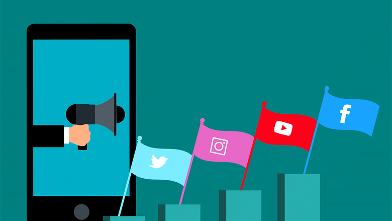 Illustration of a hand holding a megaphone emerging from a smartphone with flags of social media platforms Twitter, Instagram, YouTube, and Facebook rising on bar charts.