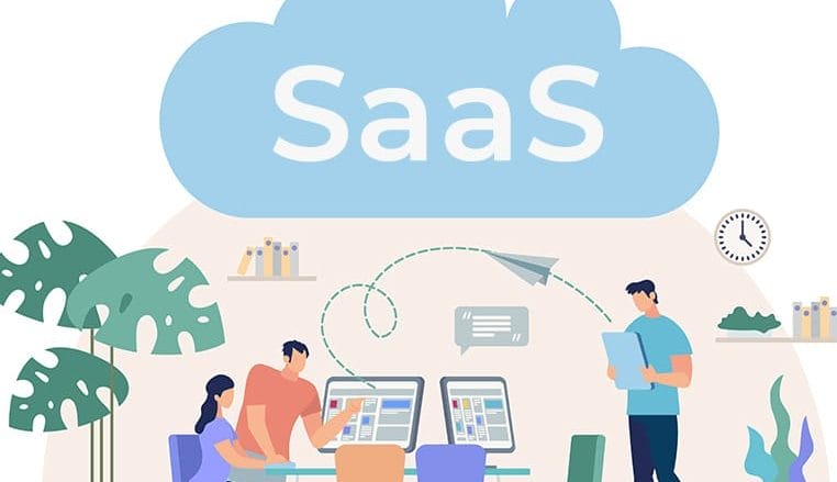 Illustration of people working at computers under a large cloud labeled "SaaS," with plants and a clock in the background.