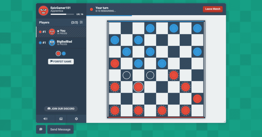 Screenshot of an online checkers game, showing a board with red and blue pieces, player info, and chat interface on the left.
