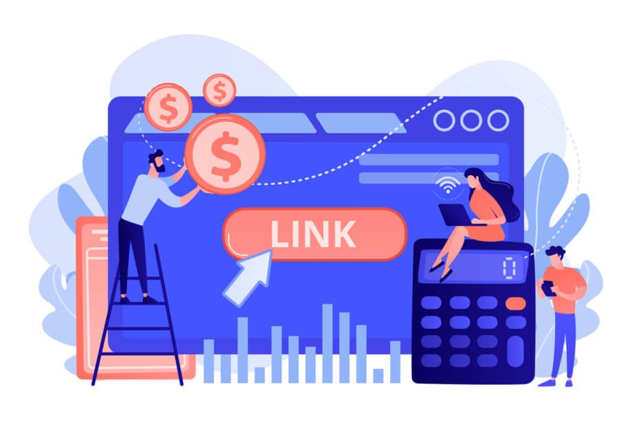 Illustration of people and financial symbols interacting with a large web interface showcasing a "Link" button. One person on a ladder places a coin, another works on a laptop, and a third uses a smartphone.