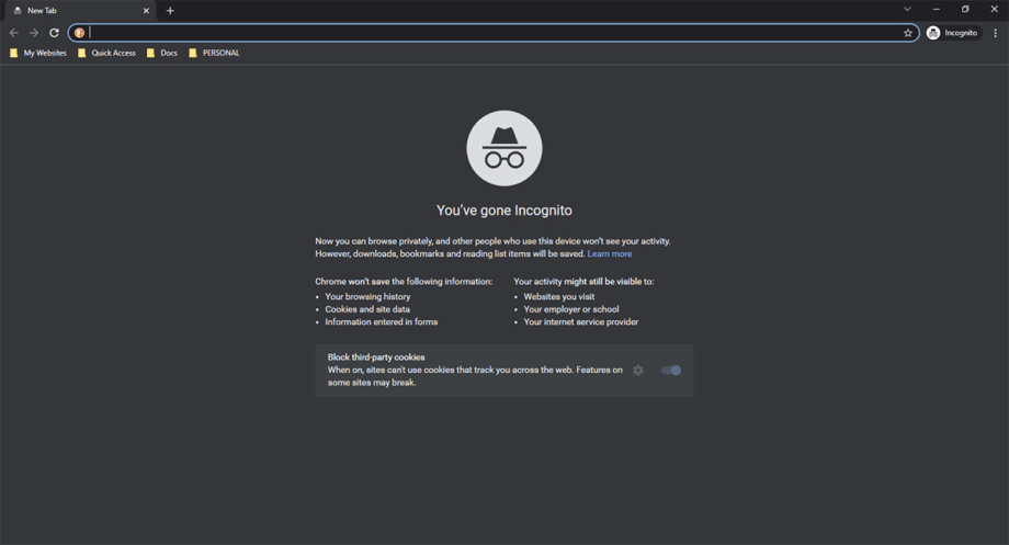 Screenshot of a Google Chrome browser in incognito mode, displaying a black background with the incognito icon and text explaining the browsing privacy settings and limitations of incognito mode.