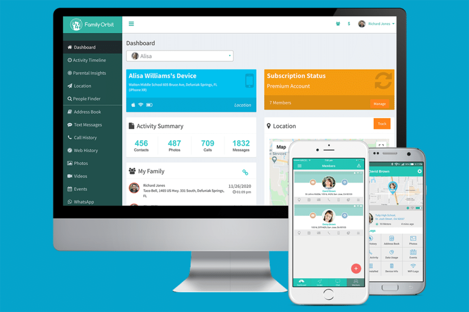 Computer and smartphones displaying familyorbit parental control app dashboard with activity summary, device tracking, and location information.