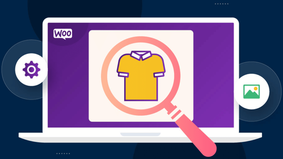 Illustration of a laptop screen displaying a yellow shirt under a magnifying glass, with WooCommerce and settings icons.