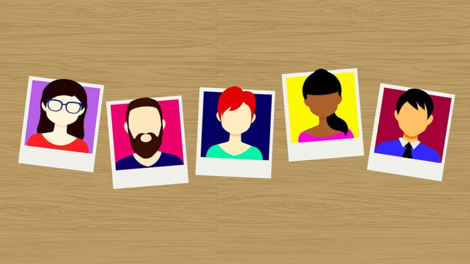 Illustration of five diverse, faceless portrait photos arranged diagonally on a wooden surface background.