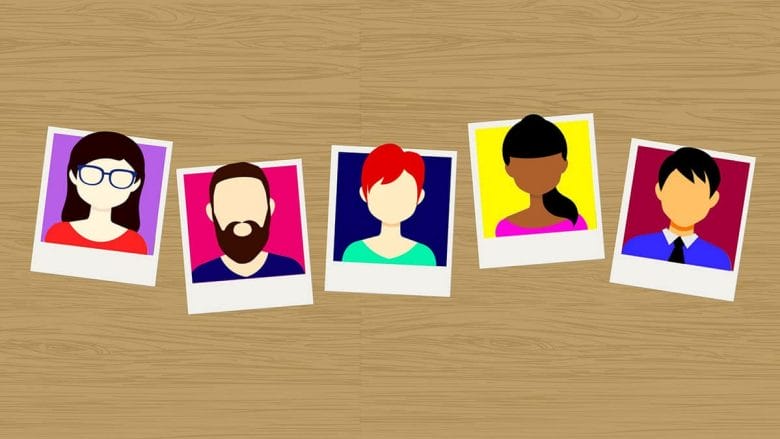 Illustration of five diverse, faceless portrait photos arranged diagonally on a wooden surface background.