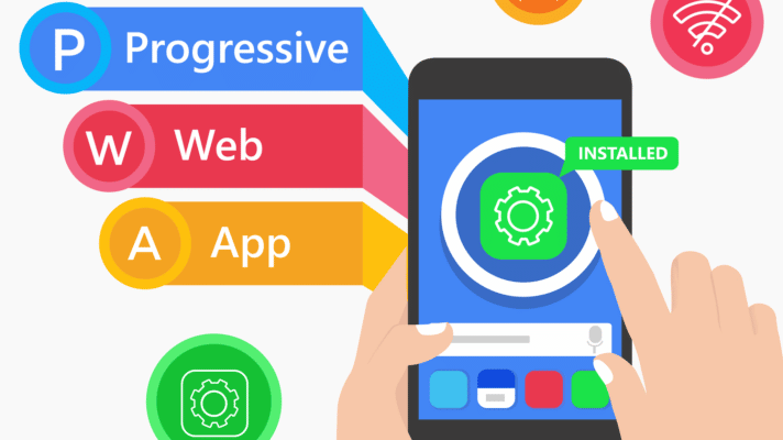 Illustration of a smartphone app installation process with text Progressive Web App and a hand tapping an Installed button.