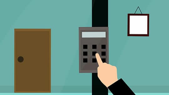 Illustration of a hand pressing buttons on a keypad mounted on a wall beside a closed door and a framed object.