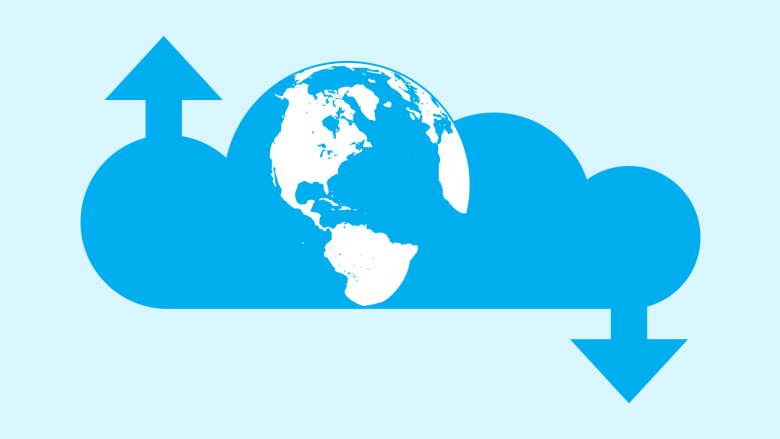A blue cloud with the Earth in the center, an upward arrow on the left, and a downward arrow on the right.