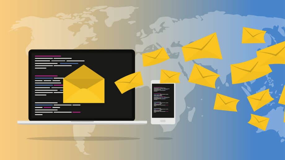 Illustration of a laptop and smartphone displaying email code, with yellow envelopes flying against a world map background.