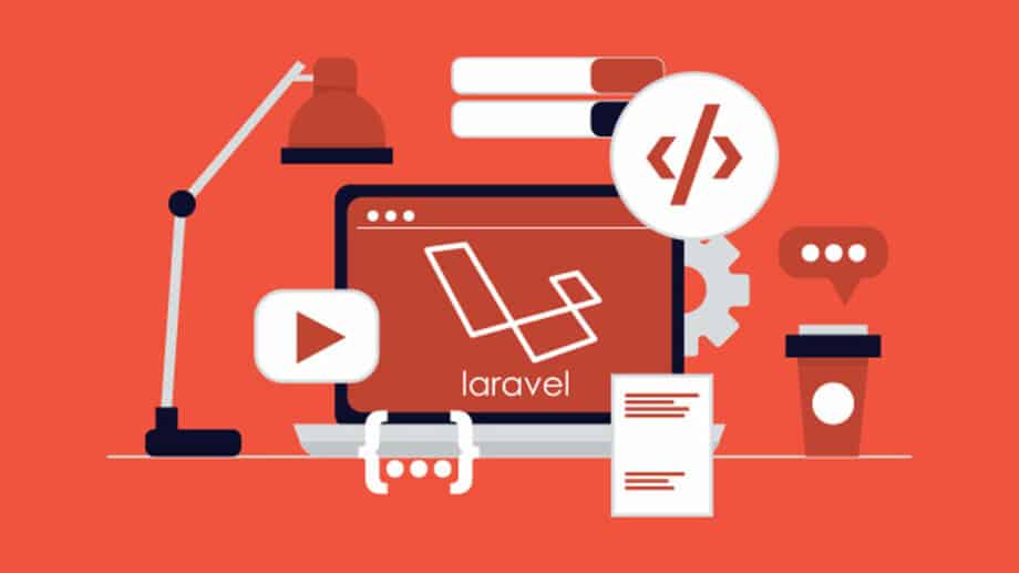 A red background with a laptop, laravel logo, and other items on it.