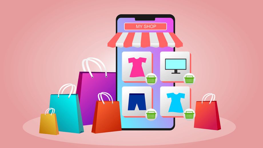 Illustration of a smartphone displaying an online shop with icons of clothing and electronics. The phone has a striped awning labeled "My Shop." Surrounding the device are colorful shopping bags in various sizes and colors against a pink background.