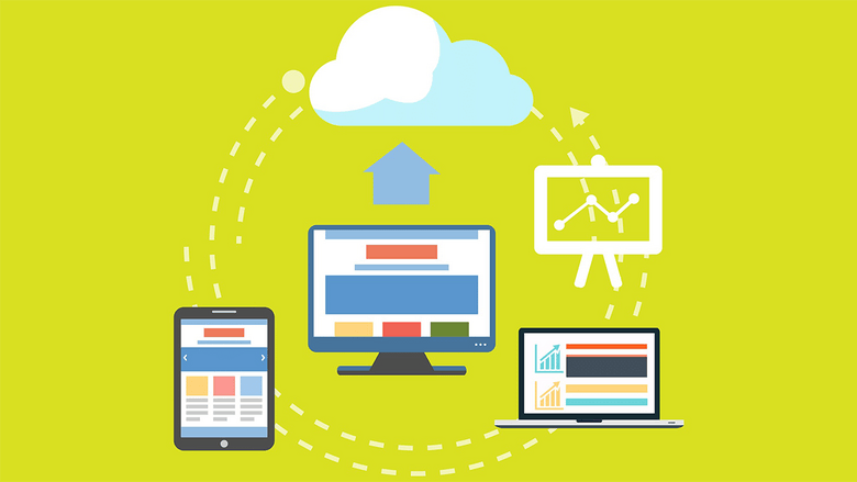 Illustration of a cloud above a computer, laptop, and smartphone, representing cloud computing and data synchronization.