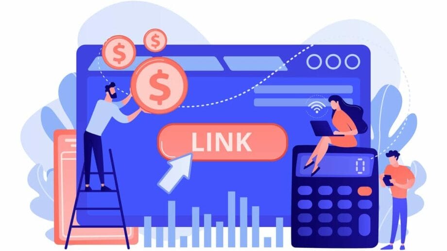 Illustration of people and financial symbols interacting with a large web interface showcasing a "Link" button. One person on a ladder places a coin, another works on a laptop, and a third uses a smartphone.